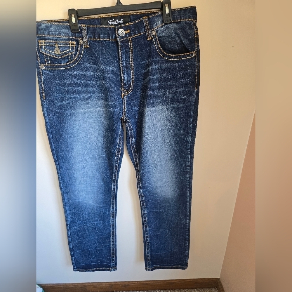 True Luck Men's Datk Wash Bootcut Jeans Size 38/32 - Picture 6 of 7